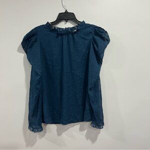 DKNY Textured Polka Dot Ruffled Neckline & Cuffs Blue Women's Top